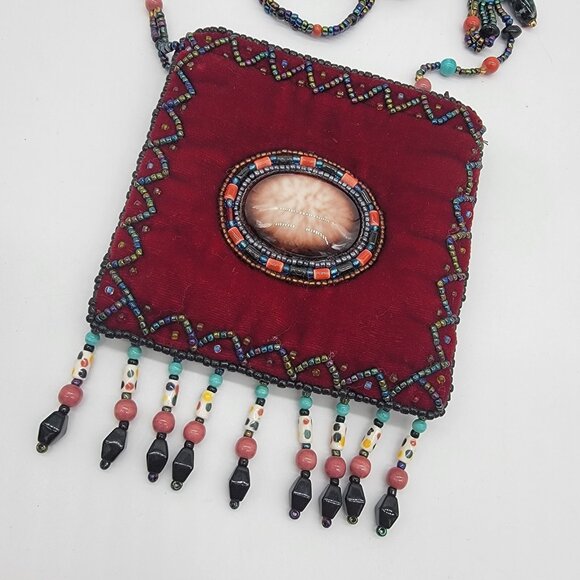 Red 100% Silk Bag Velvet Beaded Trim Small Evening Fancy Beaded Colorful‎ Boho - Picture 2 of 11